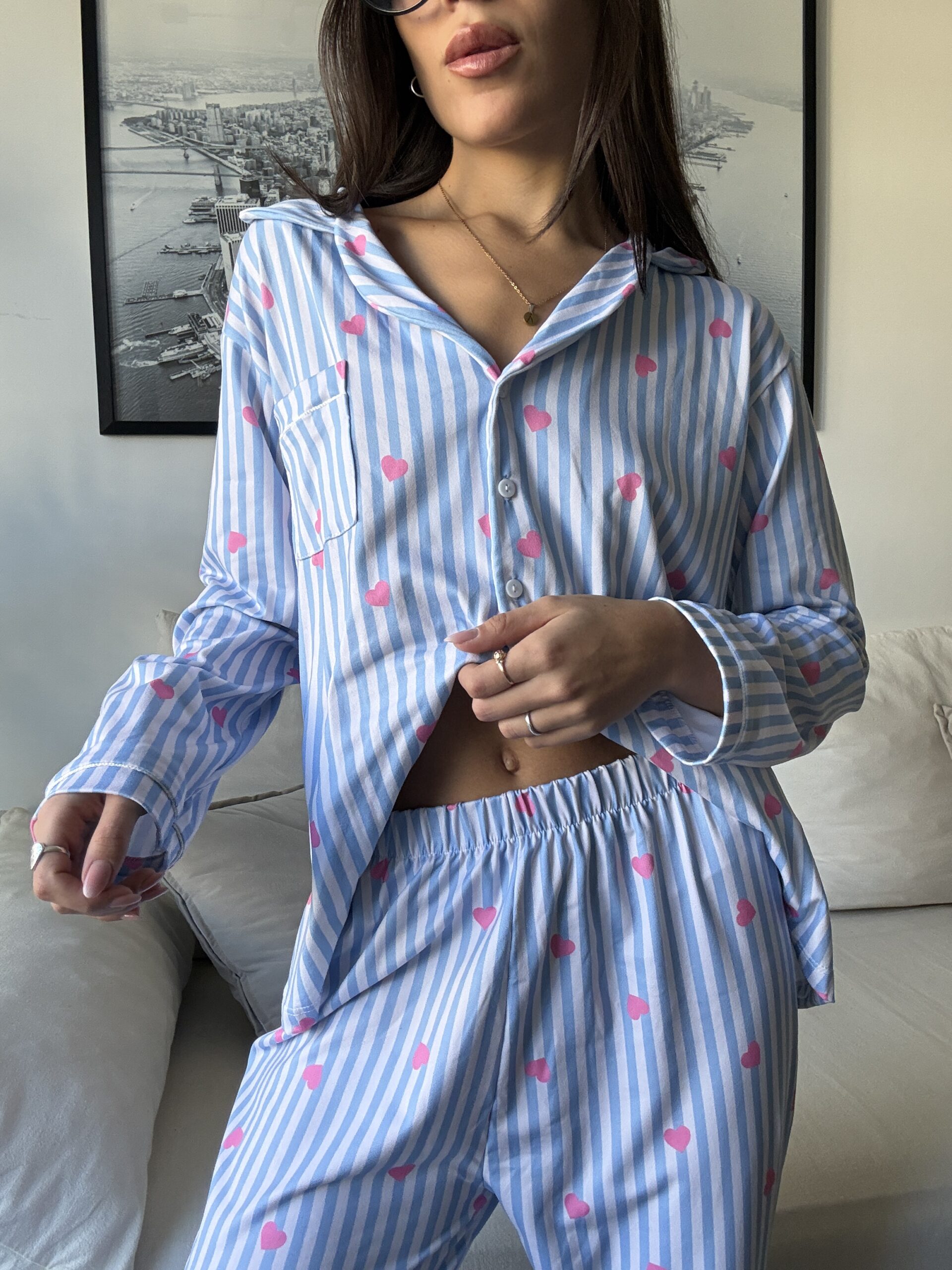 Pijama Camisero Rayas y Corazones - Imagen 2