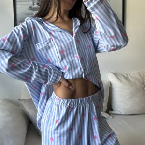 Pijama Camisero Rayas y Corazones